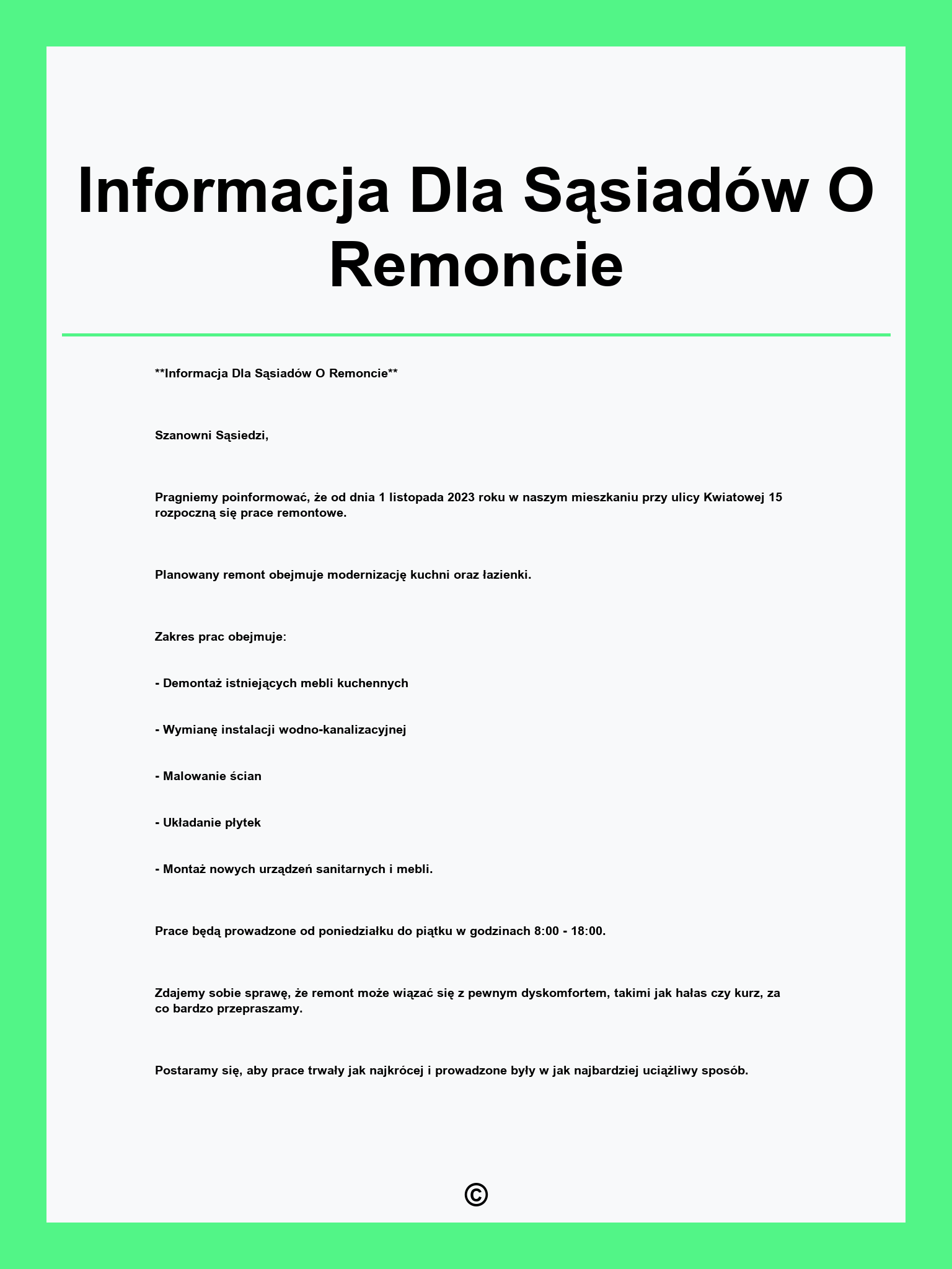 Informacja Dla Sąsiadów O Remoncie