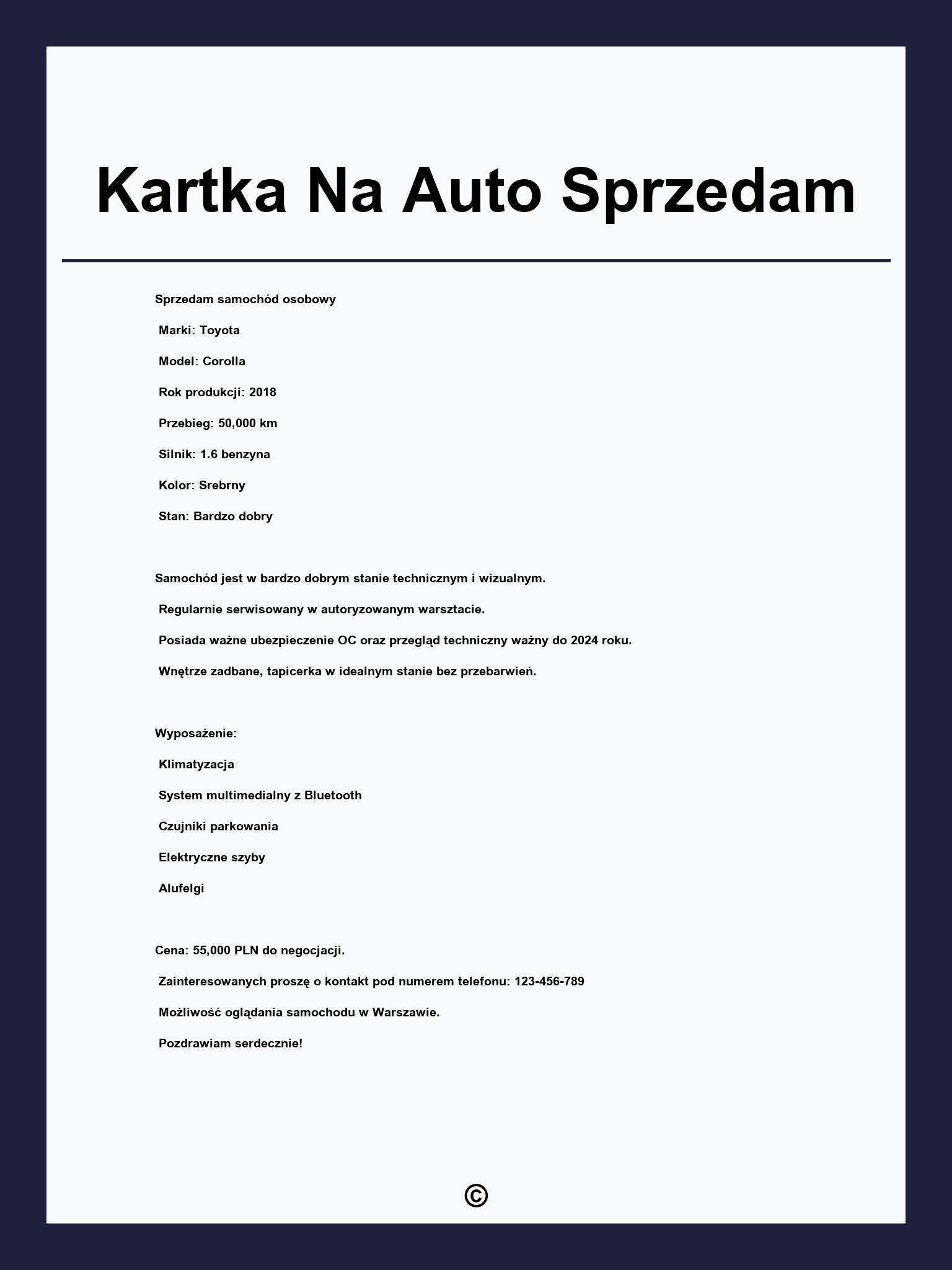Kartka Na Auto Sprzedam