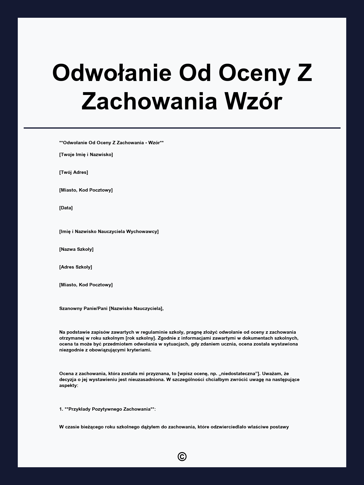 Odwołanie Od Oceny Z Zachowania Wzór