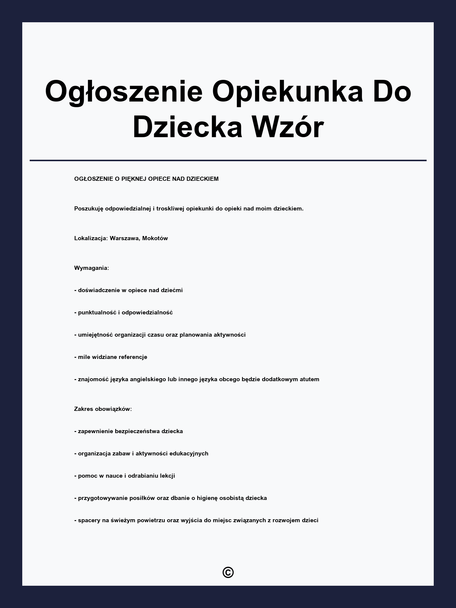 Ogłoszenie Opiekunka Do Dziecka Wzór