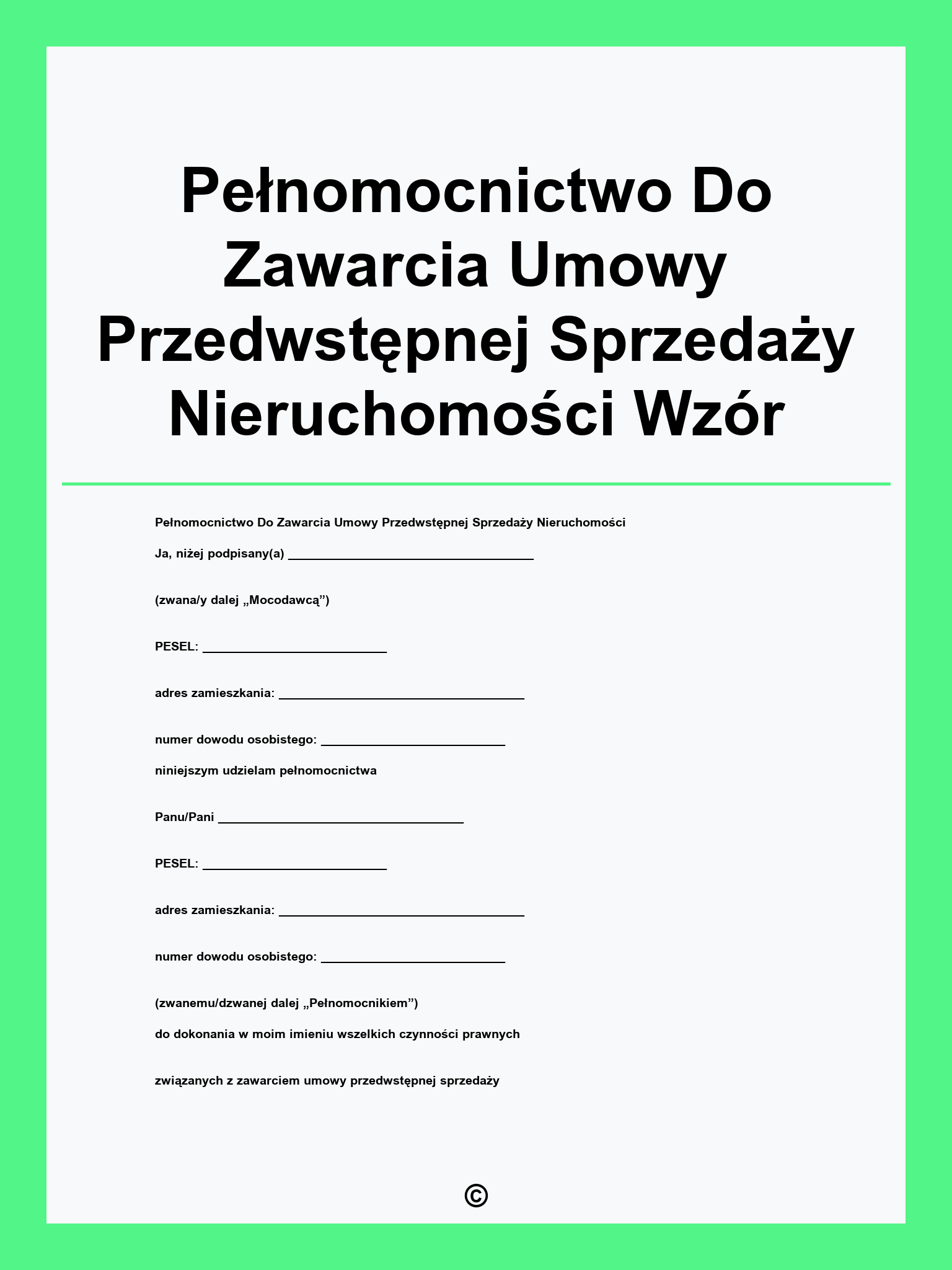 Pełnomocnictwo Do Zawarcia Umowy Przedwstępnej Sprzedaży Nieruchomości Wzór