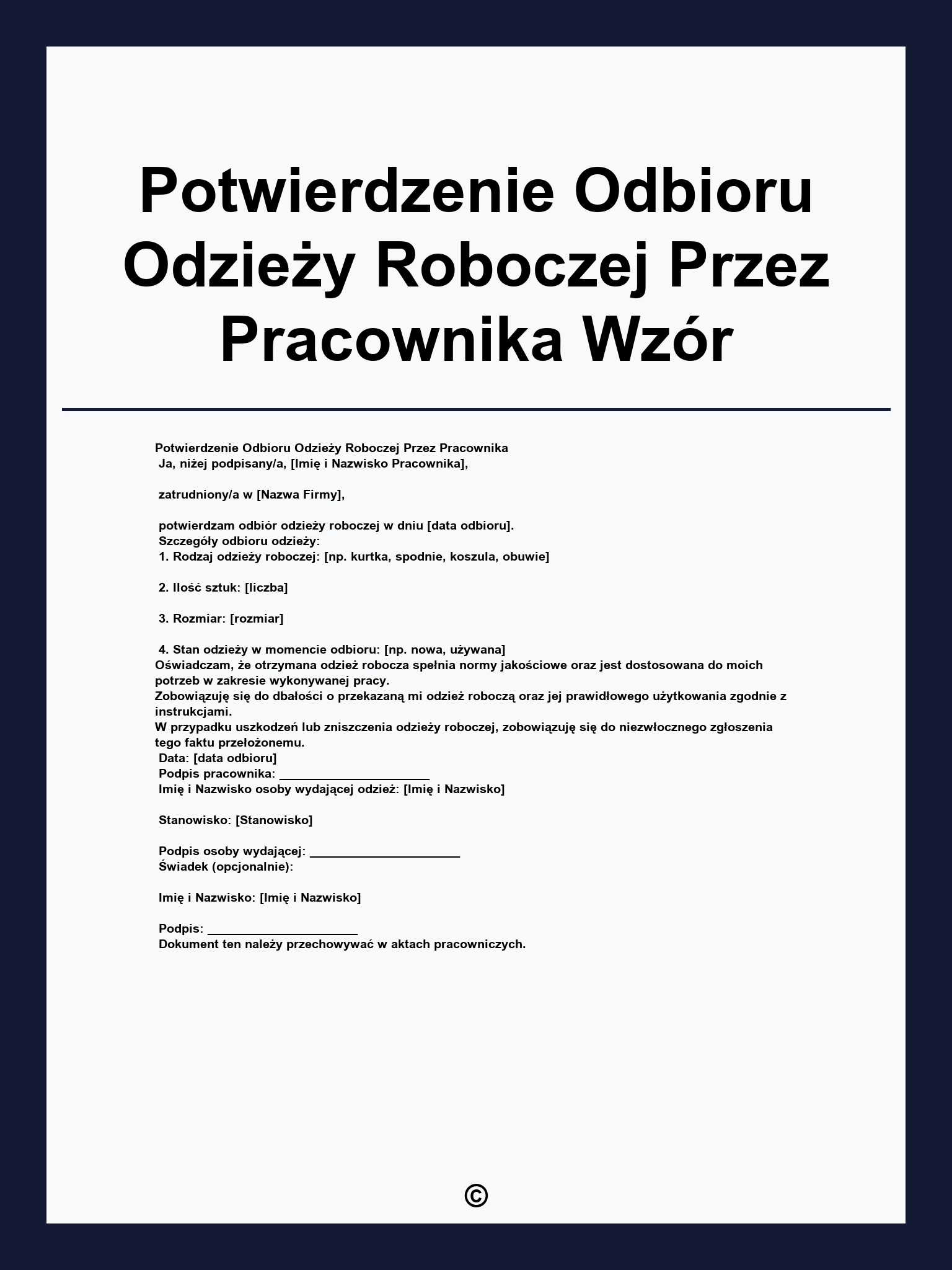 Potwierdzenie Odbioru Odzieży Roboczej Przez Pracownika Wzór
