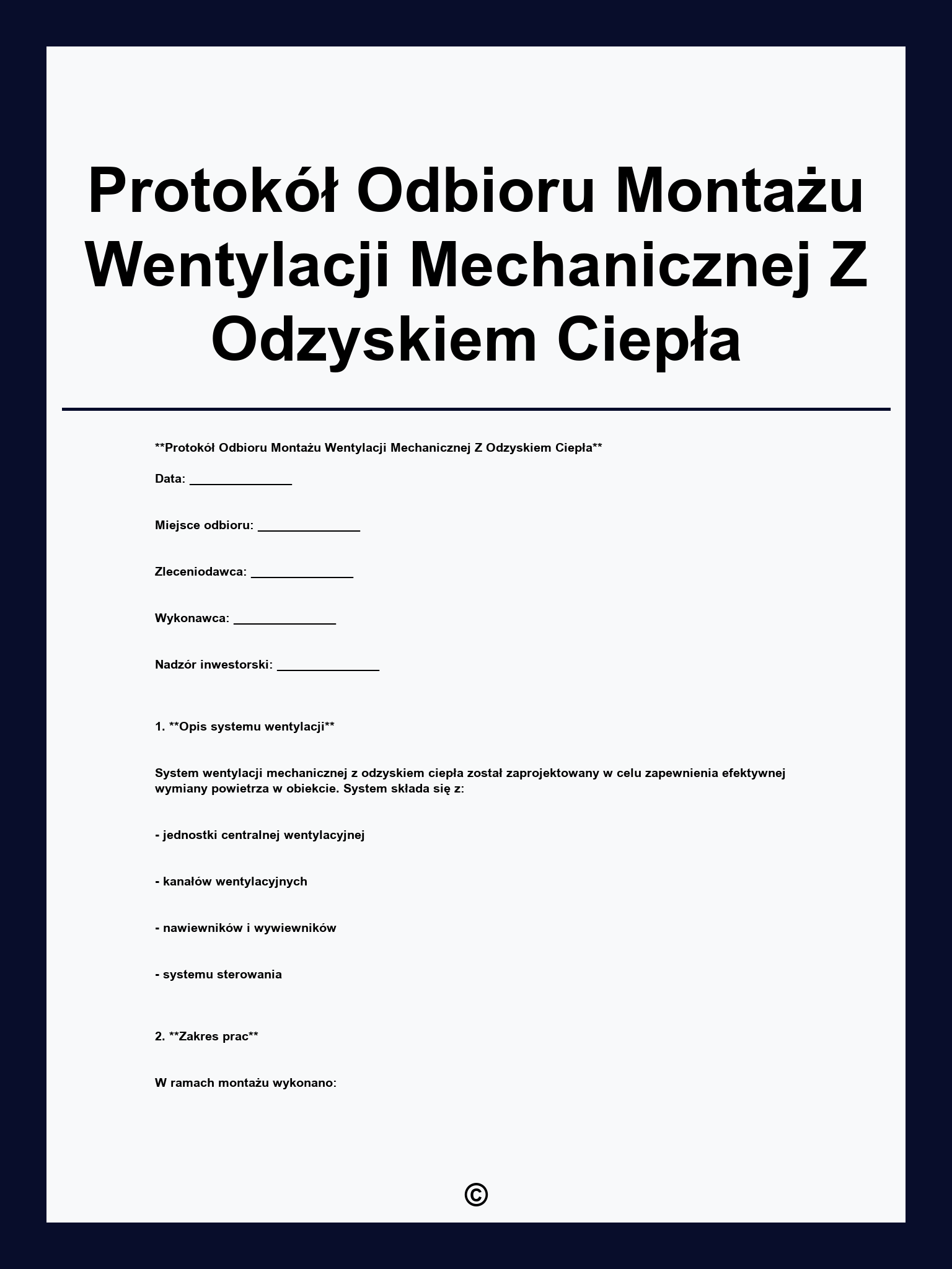 Protokół Odbioru Montażu Wentylacji Mechanicznej Z Odzyskiem Ciepła