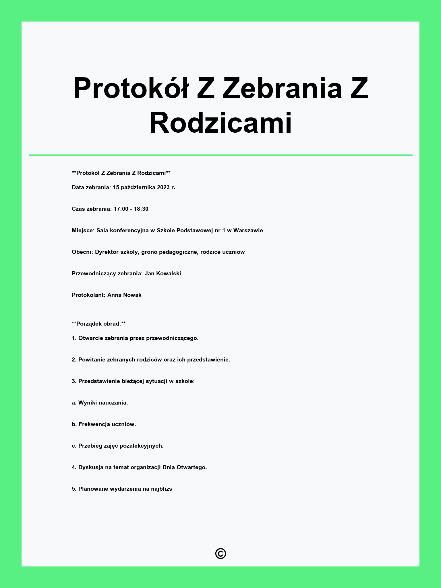 Protokół Z Zebrania Z Rodzicami