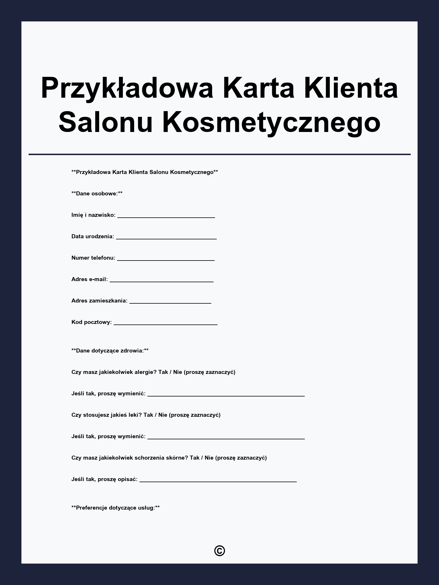Przykładowa Karta Klienta Salonu Kosmetycznego