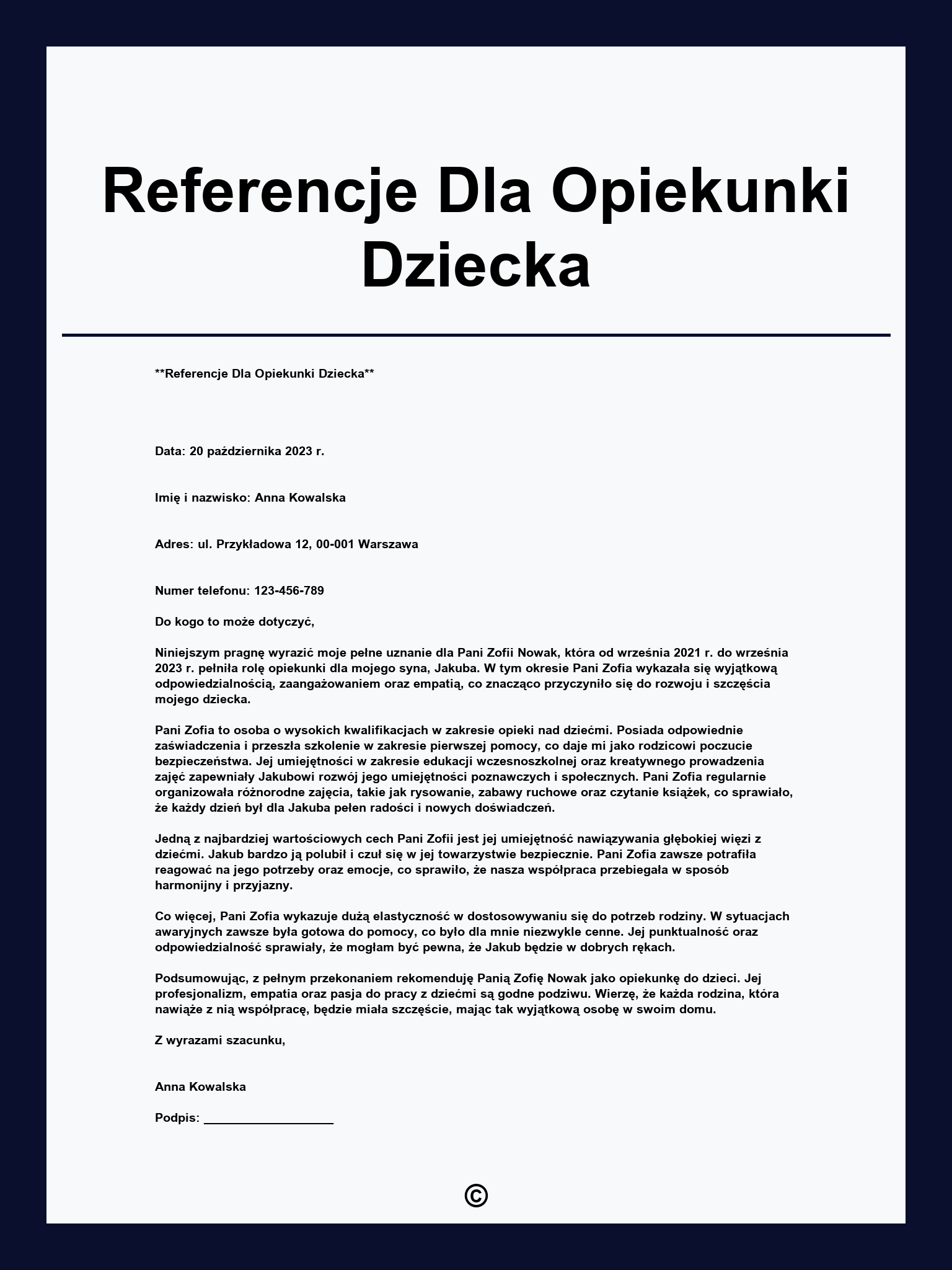 Referencje Dla Opiekunki Dziecka