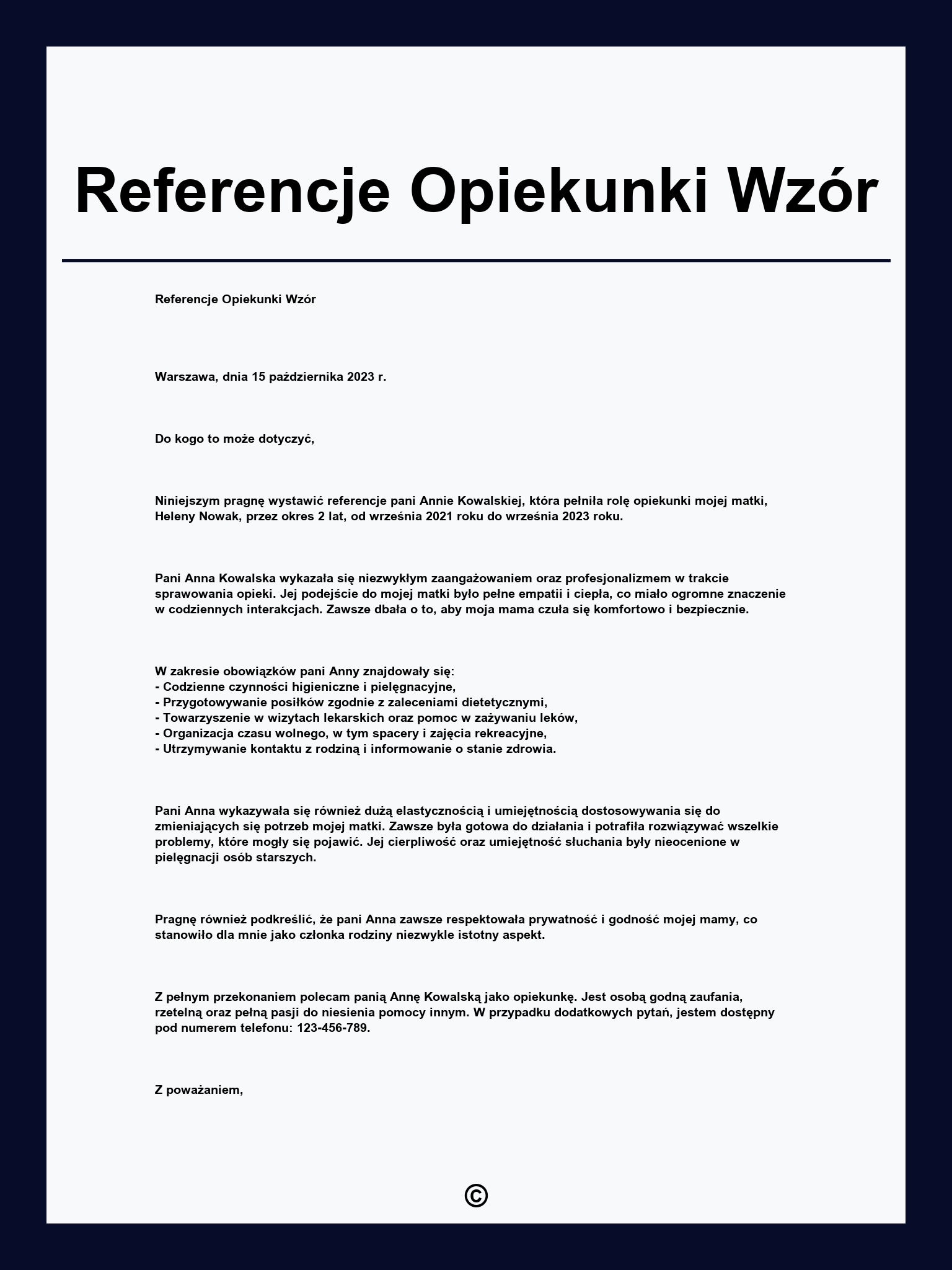 Referencje Opiekunki Wzór