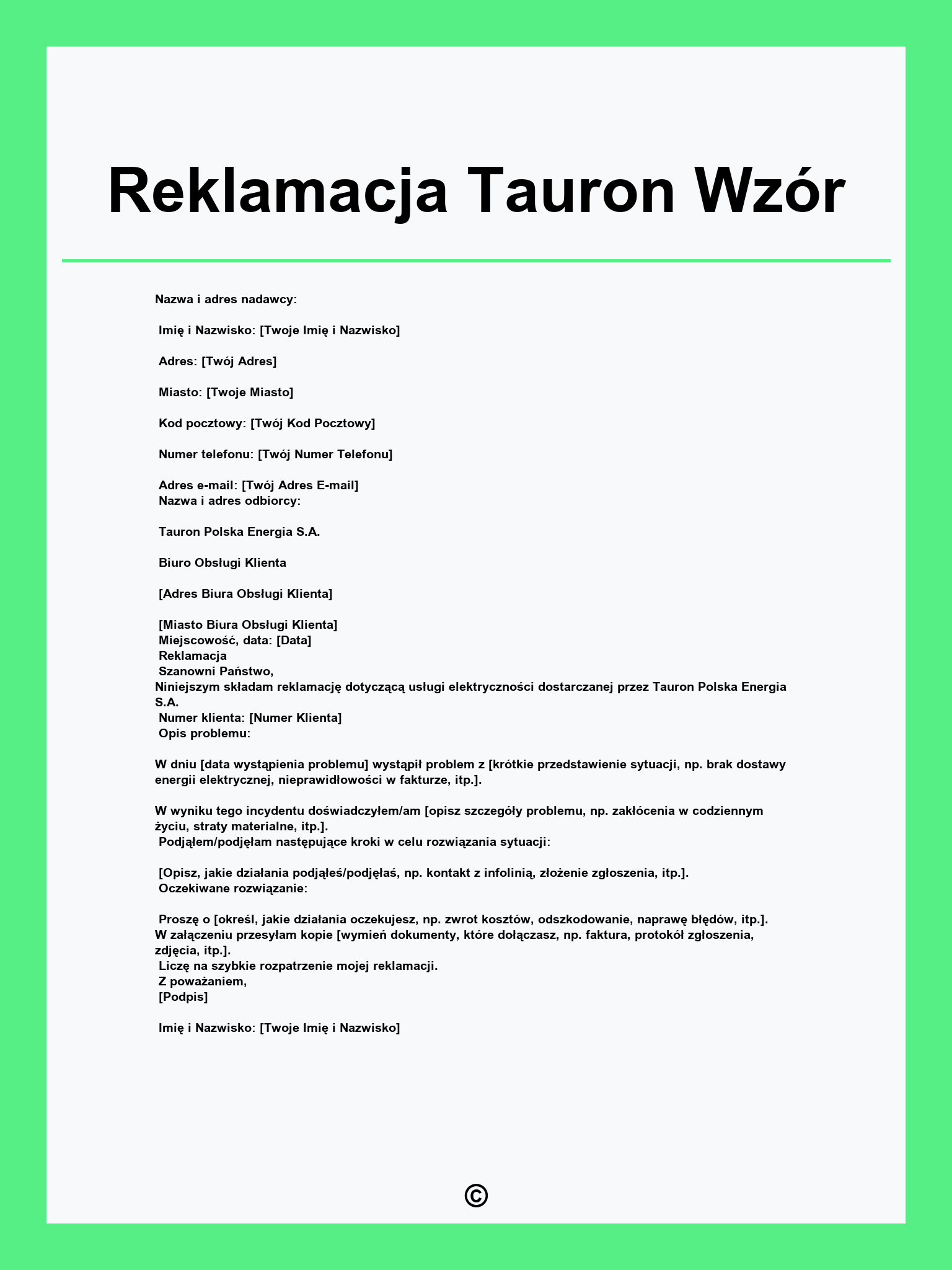 Reklamacja Tauron Wzór