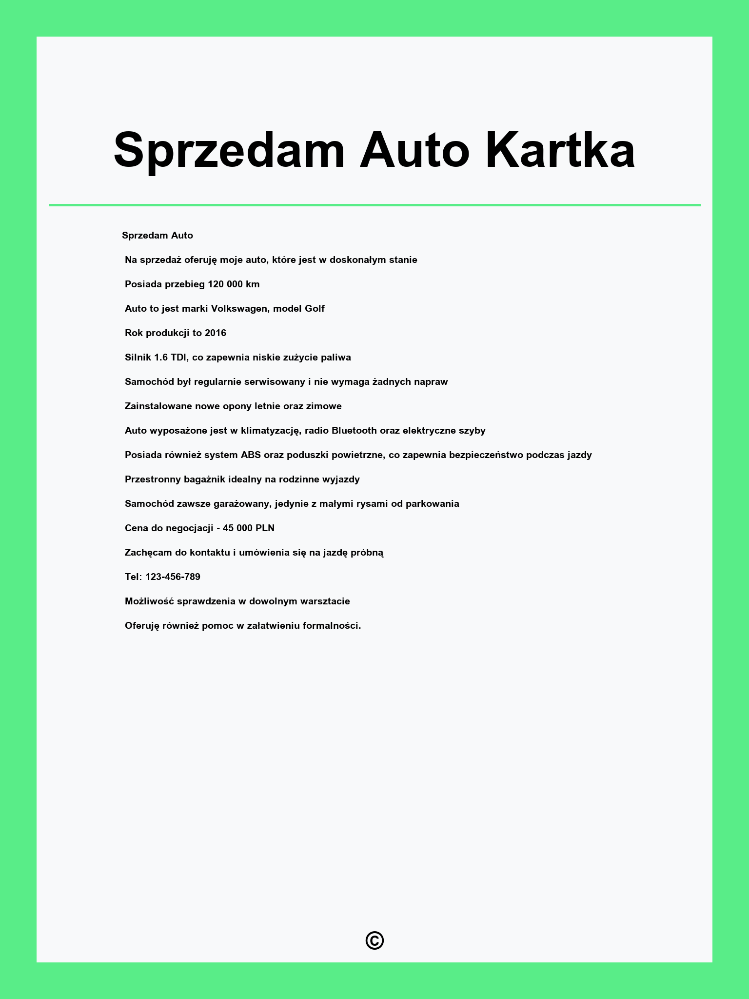 Sprzedam Auto Kartka