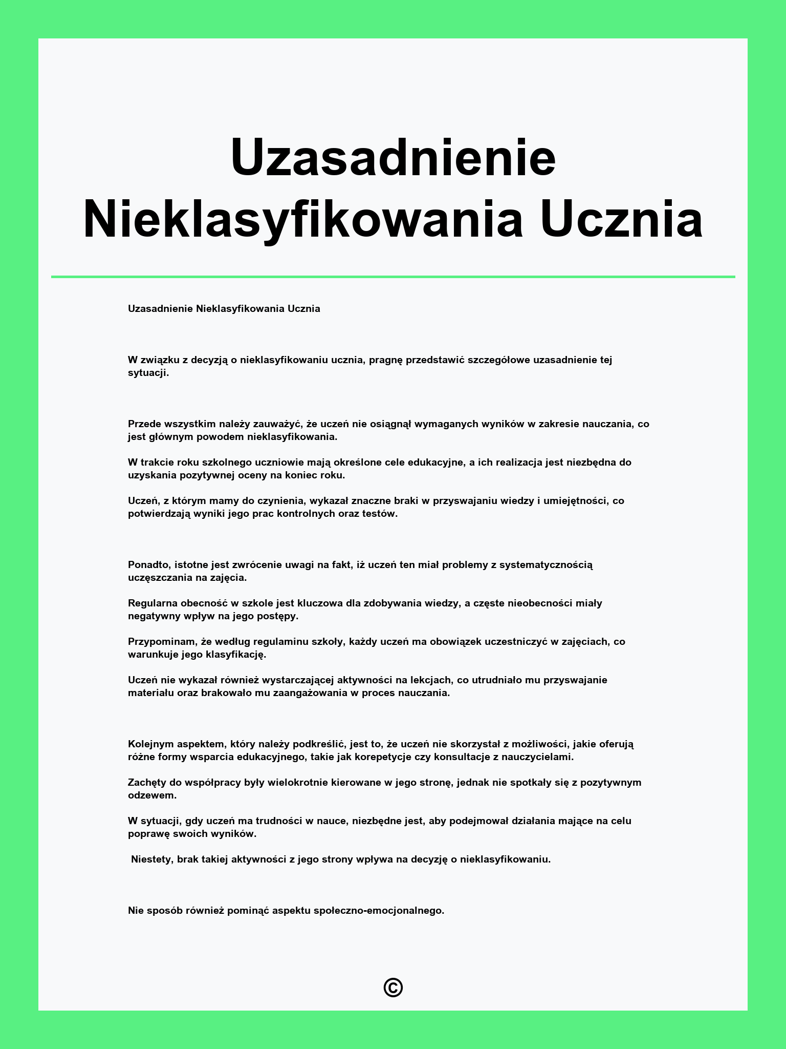 Uzasadnienie Nieklasyfikowania Ucznia